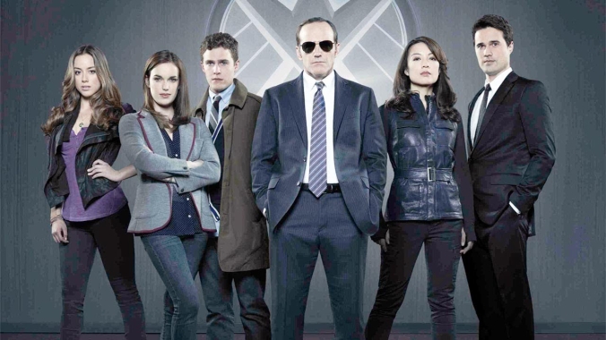 The main cast of Agents of S.H.I.E.L.D., including Clark Gregg as Agent Phil Coulson, Ming-Na Wen as Agent Melinda May, Brett Dalton as Agent Grant Ward, Chloe Bennet as Skye, Iain De Caestecker as Agent Leo Fitz and Elizabeth Henstridge as Agent Jemma Simmons.