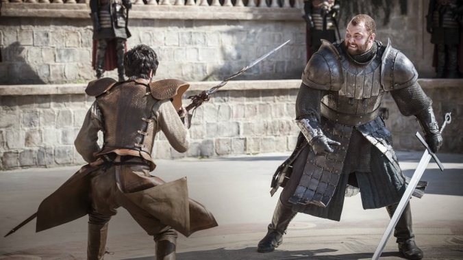 Pedro Pascal and Hafþór Júlíus Björnsson as Oberyn Martell and Gregor Clegane act out Tyrion Lannister's trial by combat in the Game of Thrones season 4 episode, 'The Mountain and The Viper'.