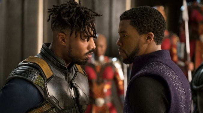 Chadwick Boseman and Michael B Jordan as the cousins Black Panther and Killmonger in Marvel's Black Panther.